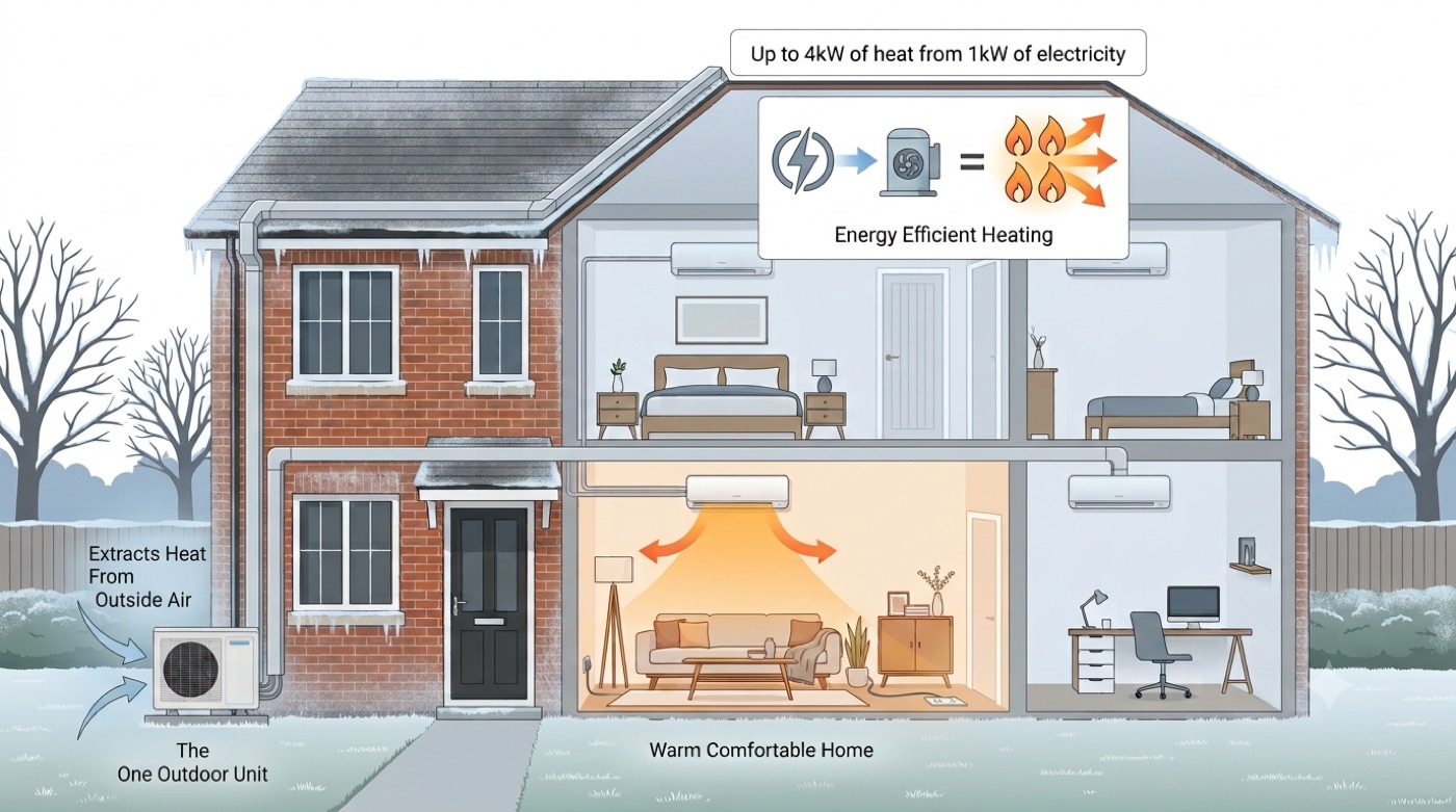 Cutaway diagram of a UK home in winter: the outdoor unit extracts heat from outside air and warms the living room — up to 4kW of heat from 1kW of electricity