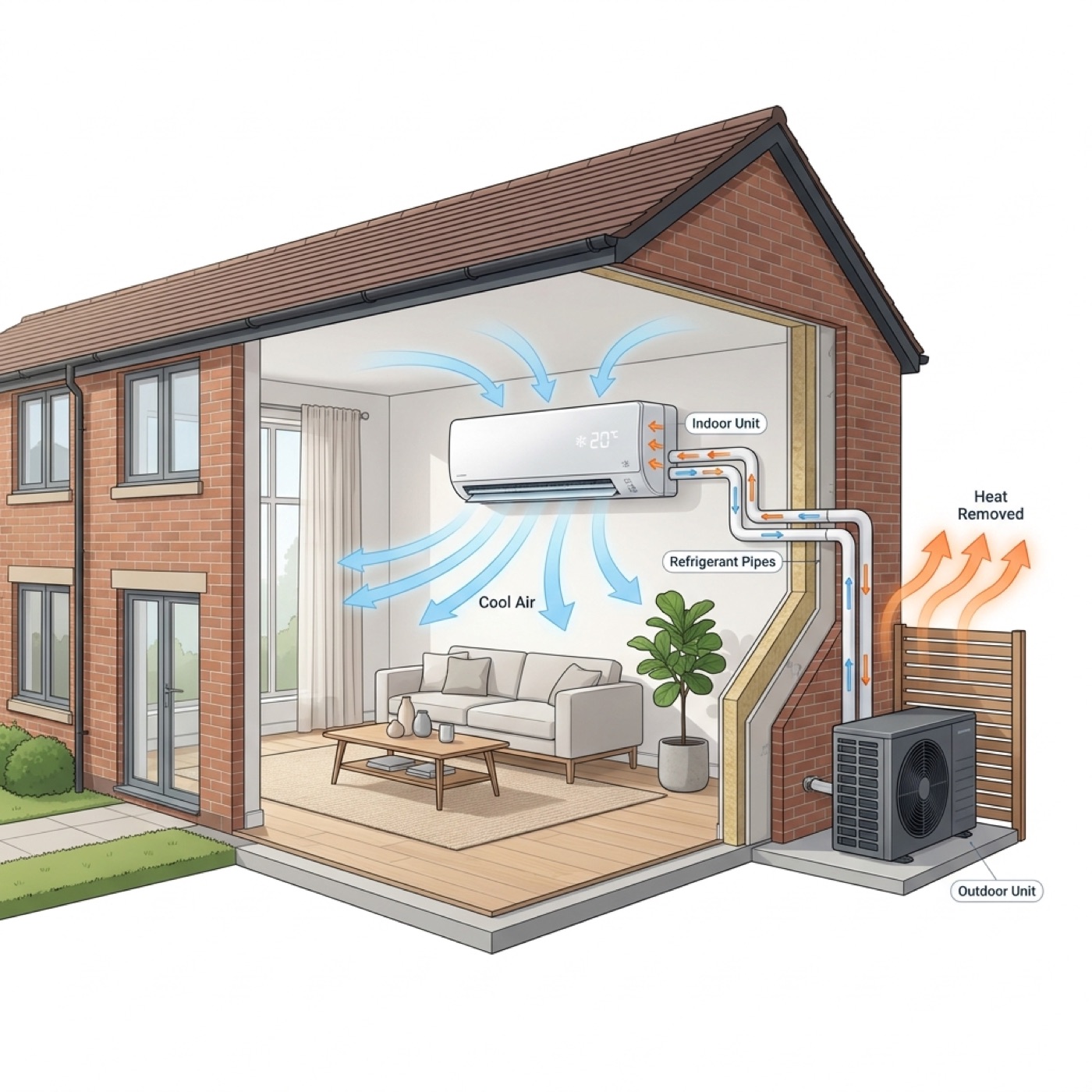 Cutaway diagram of a UK home showing how a split system works: indoor unit blows cool air into the room, refrigerant pipes run through the wall to the outdoor unit, which removes heat outside