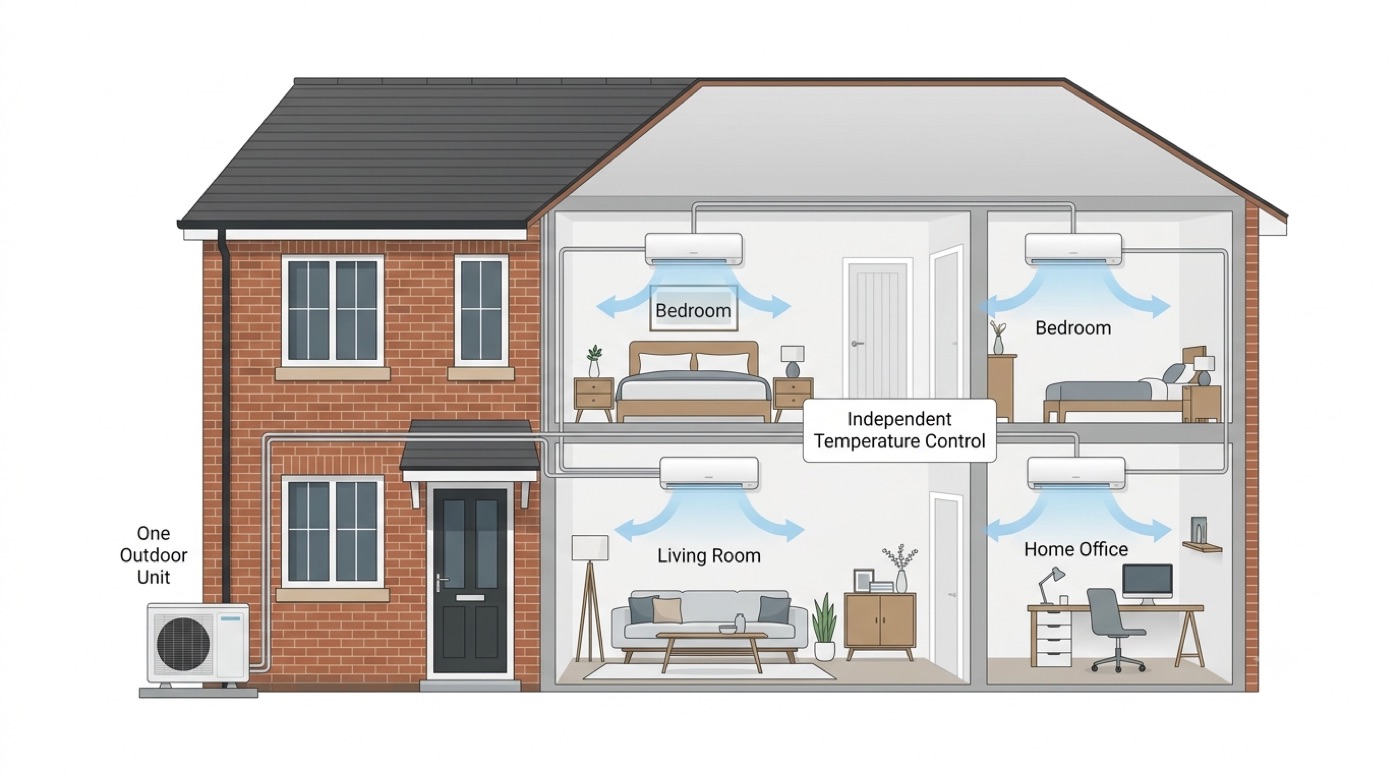 Cutaway diagram of a two-storey UK home with one outdoor unit feeding indoor units in two bedrooms, the living room and a home office, each with independent temperature control